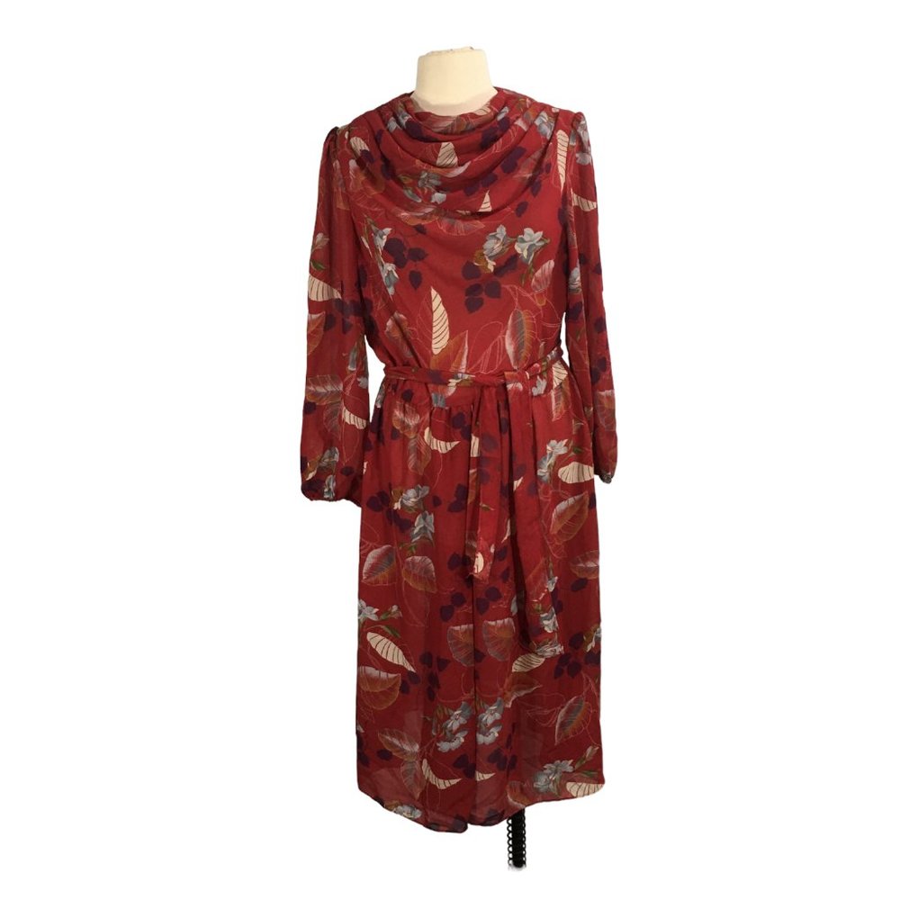 Edith‎ Flagg California Vintage 70s 80's Burgundy Floral Chiffon Dress, 42 Bust